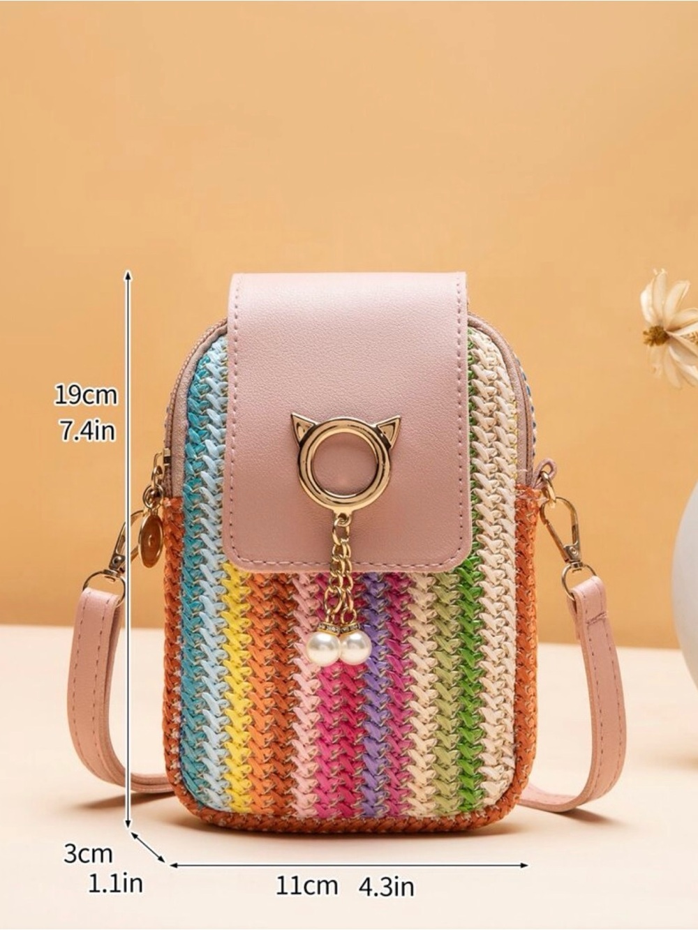 Women’s Pink Multicolor Straw Crossbody Bag with Cat Charm - Picture 3 of 4